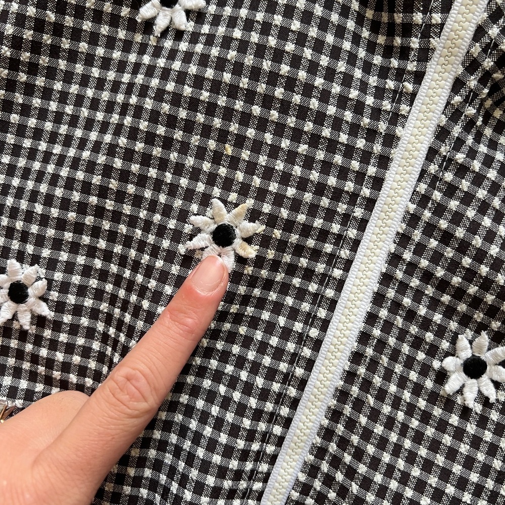 Vintage Zip Up Bomber Jacket Black White Gingham Flowers Lightweight Womens 10 - Picture 10 of 13
